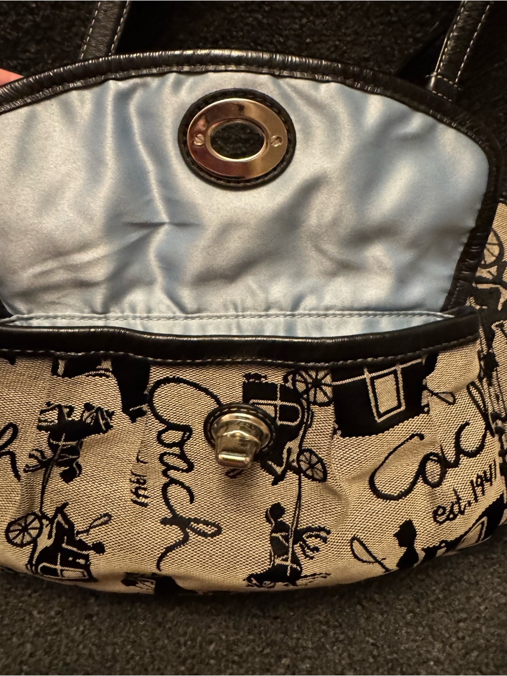 Vintage Coach Horse & Carriage Tote Bag, Black & Grey Jacquard Canvas Shoulder B - Picture 5 of 16